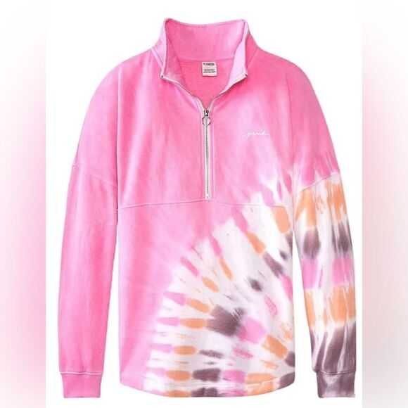 PINK Victoria's Secret Tops - Victoria’s Secret PINK Varsity Half Zip Tie Dye Pullover Oversized Sweatshirt